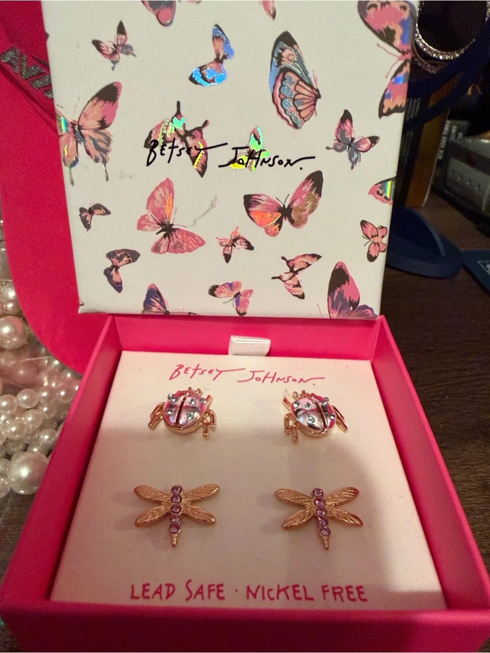 Betsey Johnson Pink Ladybug & Dragonfly Stud Earrings Set - Picture 2 of 2